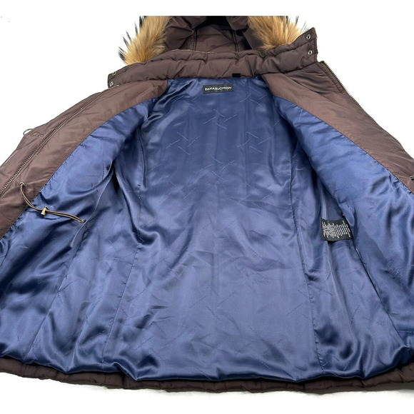 Dana Buchman Brown Down Filled Puffer Jacket Genuine Fur Lined Hooded Size Small - Picture 13 of 15